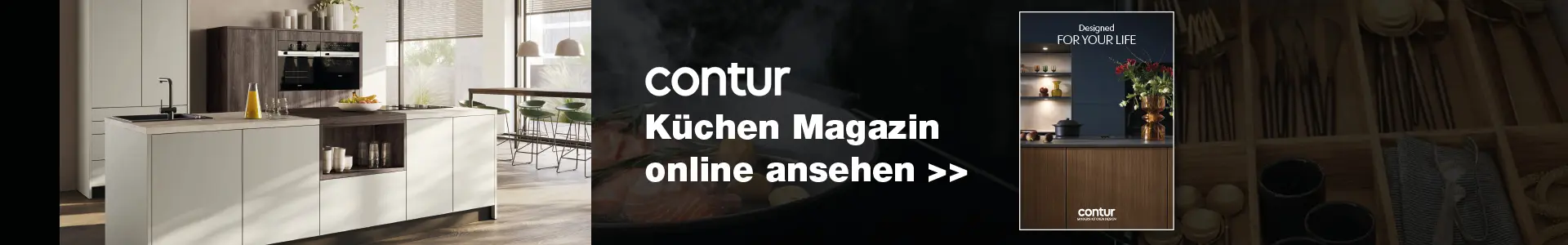 Grauer Banner mit Schriftzug und Katalog